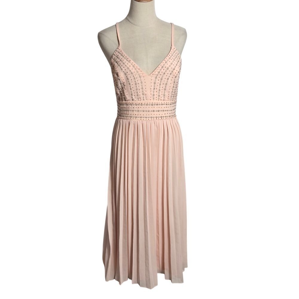 LULU'S Peach Beaded Pleated Midi Gown